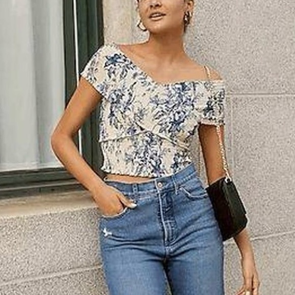 Express Blue Ivory Floral Smocked Off The Shoulder Wrap Cropped Top - Picture 9 of 12